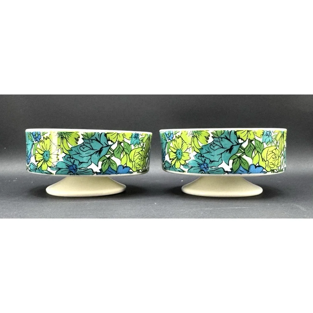 Vintage Holt Howard 1966 Set 6 Floral Pedestal Bowls Blue Green Mod MCM Flower